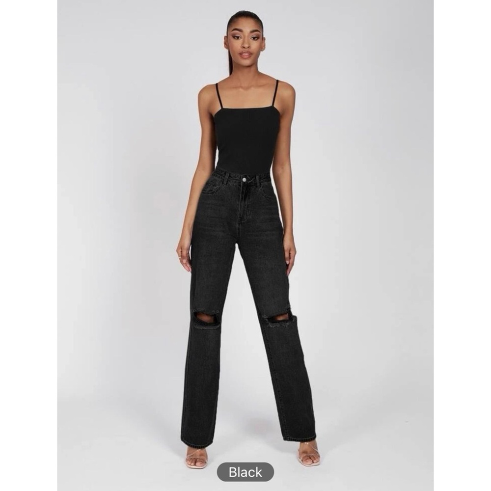 SHEIN (Tall) High Waist Ripped Frayed Straight Leg Jeans